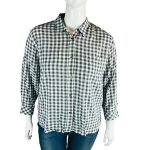 Van Winkle & Co Womans Sz Large Blouse Plaid 3/4 Sleeve Button Front Grey